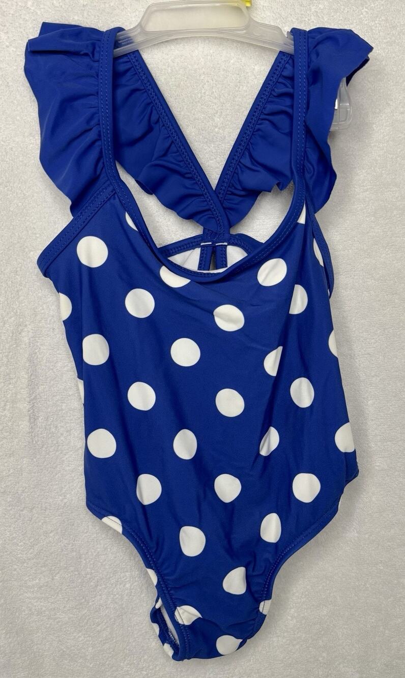 18m Toddler Girls Blue Polka Dot One-Piece Bathing Suit w/Ruffles, Keyhole Back